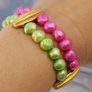 Cultured pearl stretch bracelet 2 row lime green hot pink and goldtone accents